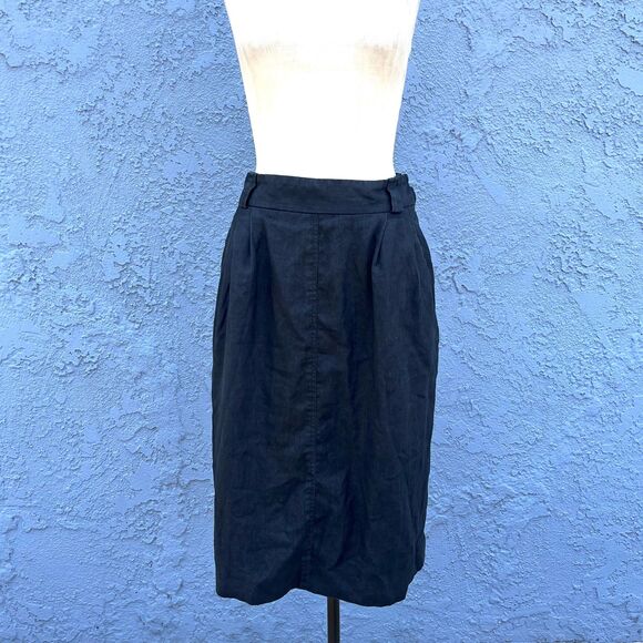 Vintage Black Linen Pencil SKirt Minimalist Midi in Medium Size S 27 waist - Picture 2 of 9